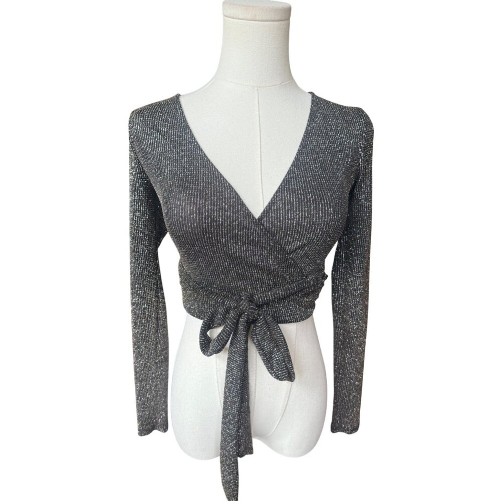 Windsor Long Sleeve Wrap Crop Top Sz XS Glitter Metallic‎ Fairy Grunge New Years